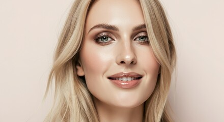 Fototapeta premium Elegant portrait of young caucasian adult female with blonde hair and captivating smile