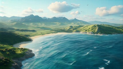 Fototapeta premium Top View of a Scenic Coastal Island with Mountains and Blue Ocean Waves