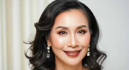 Naklejka premium Elegant mature asian female with glamorous makeup and jewelry for fashion and beauty