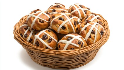 Freshly baked hot cross buns in a basket.