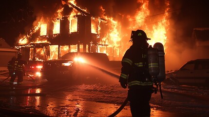 Firefighter battling intense house fire at night.