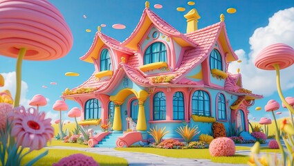 Highly detailed illustration of fantasy cartoon house with garden and blue sky 