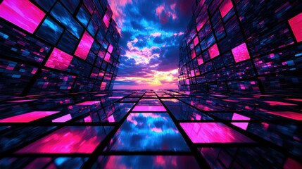 Futuristic Landscape with Colorful Blocks and Dramatic Sunset Sky