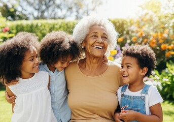 Happy grandmother embracing grandchildren in a beautiful garden, enjoying quality family time together
