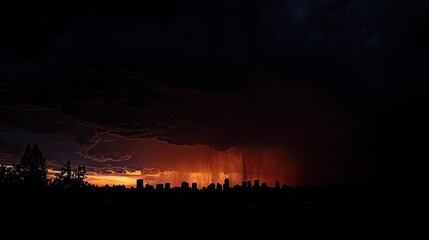 A silhouette of a skyline during a dramatic thunderstorm. 