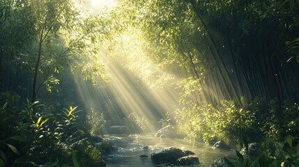 A serene bamboo grove with sunlight streaming through. 