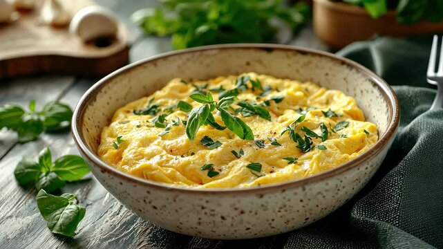 omelet in a plate on the table. Selective focus