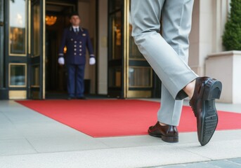 Elegant businessman exiting a five-star hotel, walking on a red carpet with a doorman in the background