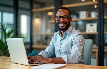 African American businessman working at office desk. Man uses laptop, looks happy at camera. Businessman looks pro, confident. Modern interior of office space. Investor manager focused on work.