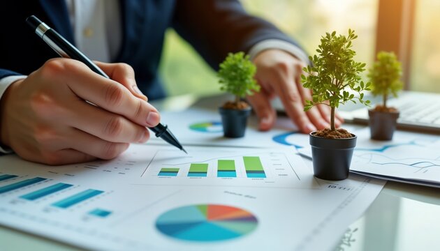 Businessperson examines eco data analysis graphs, charts. Analyzing financial reports with small green trees sustainability. ESG strategy assessment in progress on office desk. Businessperson