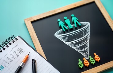Marketing sales funnel concept displayed on blackboard. Figurines of people represent potential customers moving through funnel. Money symbols represent conversions. Tools like notebooks, pens nearby