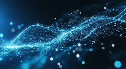 3D rendering of an abstract black background with flowing waves of particles and dots, embodying a futuristic digital technology concept