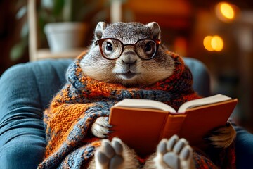 Charming groundhog in close-up with a book in glasses and a cozy blanket in a warm home environment is sitting in a comfortable armchair and reading. Groundhog Day.