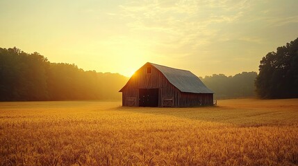 A rustic barn in the middle of a golden field