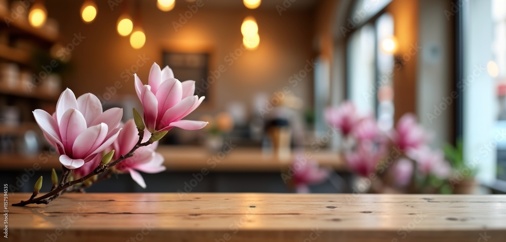 Poster empty wooden table with spring magnolia flowers in front. blurred background of cafe bar. perfect fo