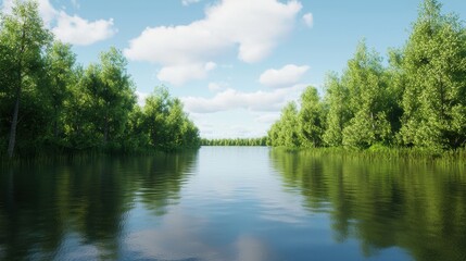 Obraz premium Serene River Landscape Surrounded by Lush Green Trees Under Sky