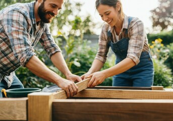 Couple working together assembling wooden raised garden bed outdoors