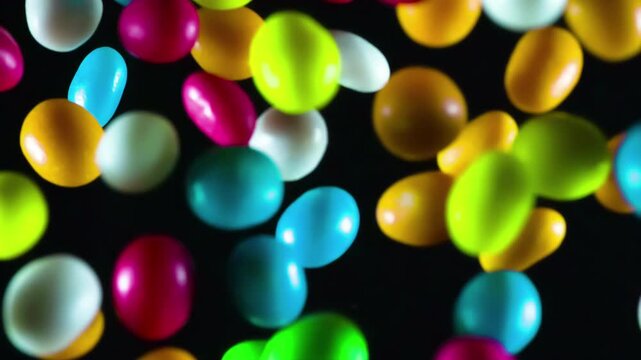 Explosion of Colorful Candy. Bright round candy flying out of the darkness and hang in front of the lens