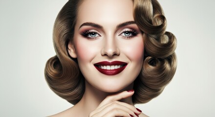 Fototapeta premium Elegant retro glamour portrait with smiling young caucasian woman in vintage hairstyle and bold makeup