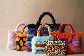 Colorful fur bags showcase unique textures and vibrant patterns,