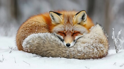 A red fox curling up in a snowy forest clearing. 