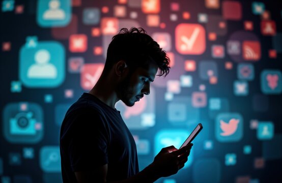 Man looks at smartphone. Many app notification bubbles surround. Overwhelmed by social media. Tech overload, anxiety depicted. Person immersed in digital life with constant engagement. Image