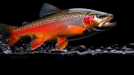 Vibrant Trout Swimming in Clear Water with Dark Background