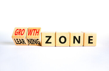 Learning or growth zone symbol. Concept words Learning zone Growth zone on wooden cubes. Beautiful white table white background. Business learning growth zone concept. Copy space.