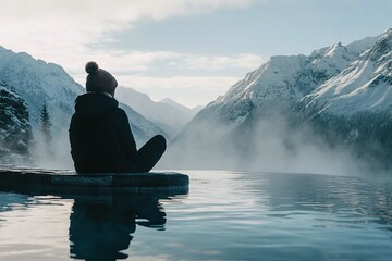 Serene figure meditating by tranquil mountain lake, enveloped in