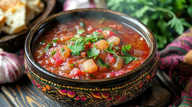 borscht in a plate on the table. Selective focus