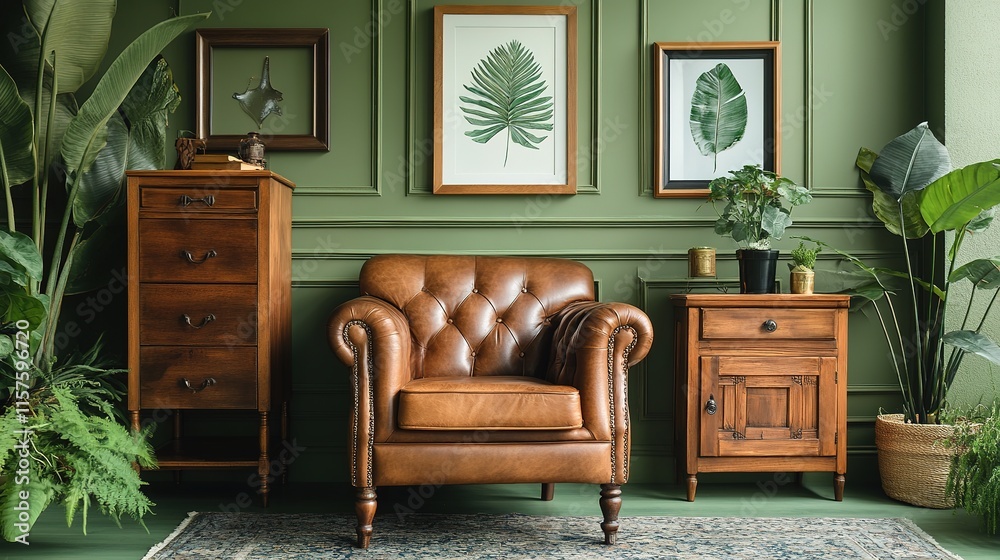 Wall mural Cozy interior featuring vintage leather armchair surrounded by l