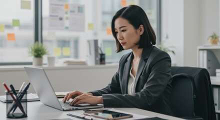A focused businesswoman typing on a laptop at the office

