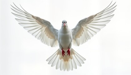 Fototapeta premium White dove soars in tranquil flight against transparent background. Wings wide open in beautiful display of freedom. Pure symbol of peace hope, love. Perfect for various uses like religious media