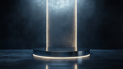 Silver podium with a mirrored finish, glowing in a dark, moody environment 