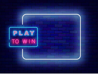 Play to win neon flyer. Virtual reality games. Casino badge. Empty white frame and text. Vector stock illustration