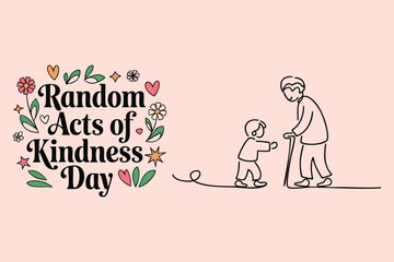 Illustration representing kindness with event text and line art of a child helping an elderly person.
