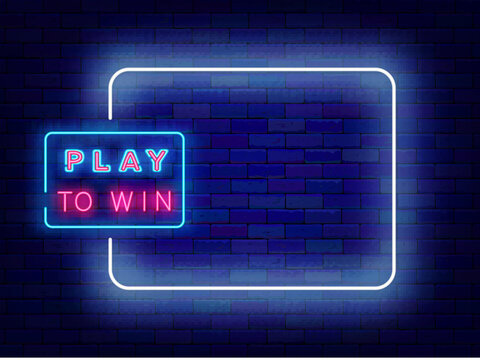 Play to win neon flyer. Virtual reality games. Casino badge. Empty white frame and text. Vector stock illustration
