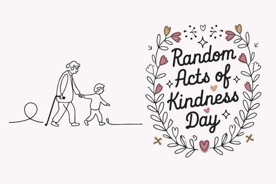 Artwork featuring a child helping an elderly person along with "Random Acts of Kindness Day" text.