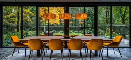 Autumnal Dining Room with Large Windows and Yellow Chairs.