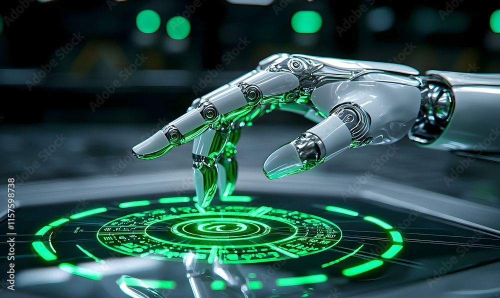 Poster robot hand interacting with a holographic interface, showcasing advanced technology and seamless int
