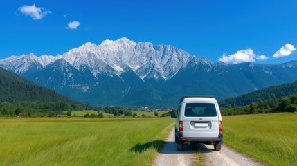 White camper van facing Alpine mountain range image. Serene valley landscape. Road trip vehicle countryside travel photography scene wallpaper. Vanlife concept photorealistic photo