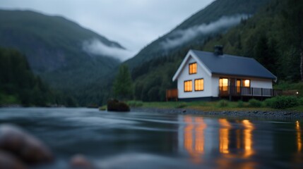 Fototapeta premium Cozy riverside cabin amid misty mountains image. River home escape. Calm water evening scenery photography scene wallpaper. Natural scenery cottage concept photorealistic photo