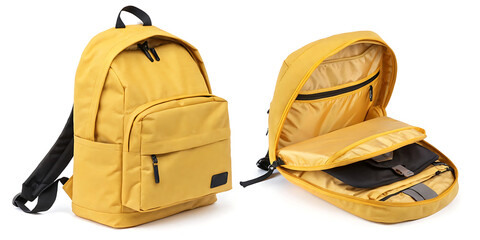 Fototapeta premium Yellow backpack opened, isolated on white background, ideal for school bag advertisement