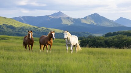 Obraz premium Three horses in lush serene pasture image. Mammals herd countryside pastoral mountains photography scene wallpaper. Nature animals equine wildlife concept photorealistic photo