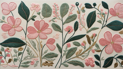 This is an illustration of various pink flowers and green foliage. The embroidered appearance of the graphic makes it suitable for a crafty and vintage aesthetic.
