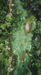 Serene River Journey Wooden Boat in Emerald Waters