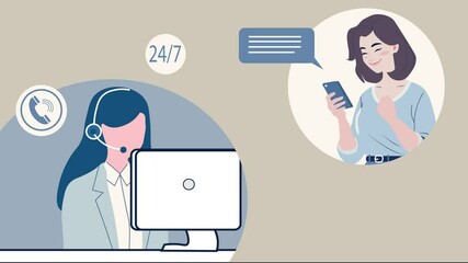 A professional customer service agent wearing a headset engages in conversation with a customer, Customer Support, Effective communication and Telecommunication. Flat design animation