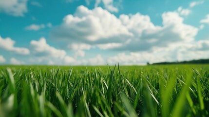 Fototapeta premium Grass field under fluffy clouds image. Serene natural landscape. Lush green blades meadow photography scene wallpaper. Grassland outdoors. Environment concept photorealistic photo