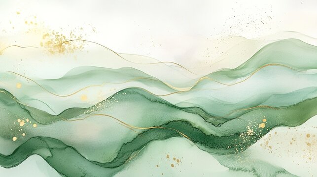 Ethereal waves blend soft greens and gold, creating serene abstr