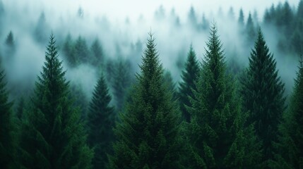 Fototapeta premium Dense pine forest shrouded in morning mist image. Misty evergreen trees. Lush conifer woods photography scene wallpaper. Foggy coniferous woodland concept photorealistic photo